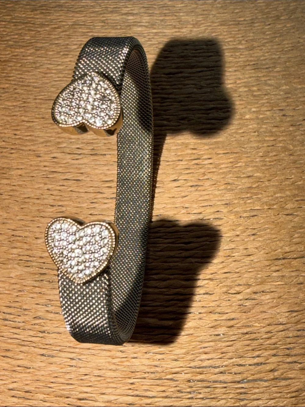 Bracelet two hearts with pave crystals silver mesh finish cuff style